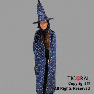 SET DE BRUJA MAGO SOMBRERO Y CAPA TERCIOPELO ADULTO AZUL x 1